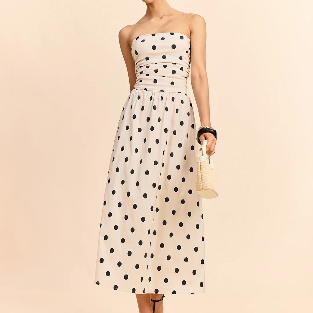 Commense Strapless Black and White Polka Dot Dress